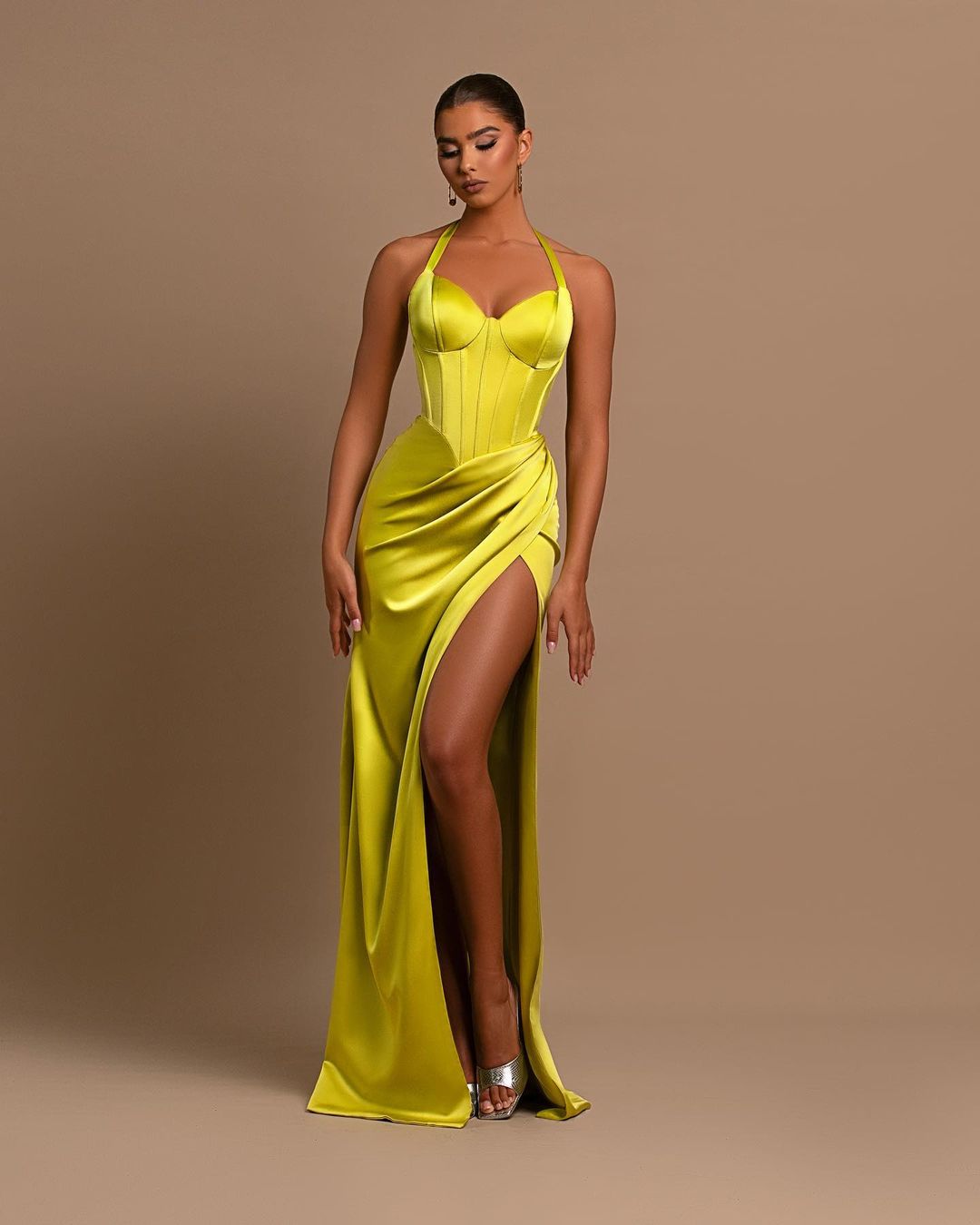 Gorgeous Yellow Halter Sleeveless Slit Prom Dress With Chic Pleats