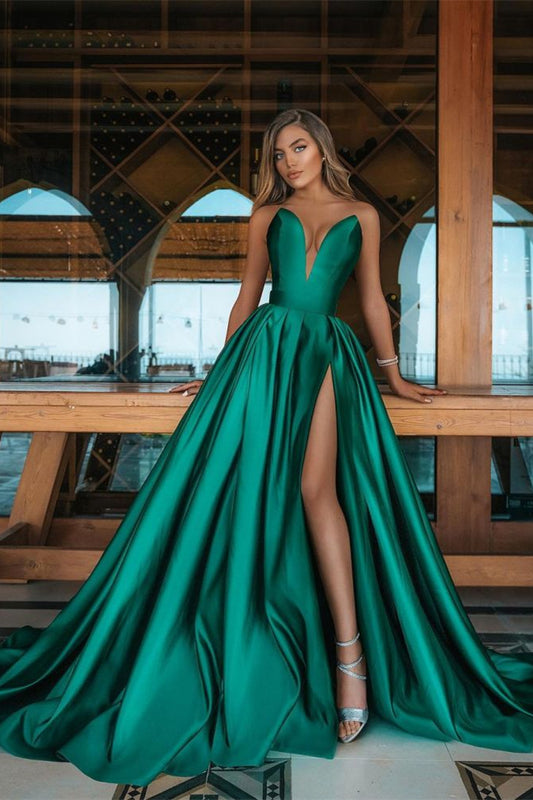 Long V-Neck Emerald Green Prom Dress With Split