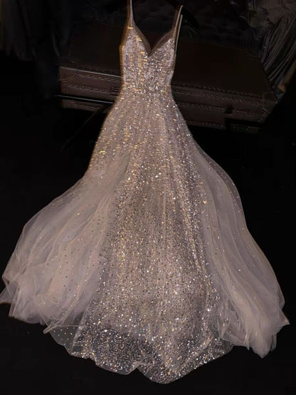 Dreamy A Line Spaghetti Strap Silver Sequin White Tulle Prom Dress Party Dress SH3395