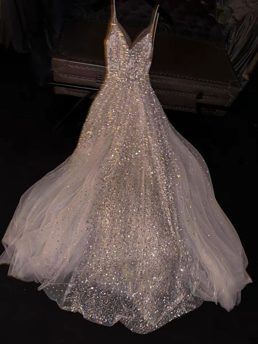 Dreamy A Line Spaghetti Strap Silver Sequin White Tulle Prom Dress Party Dress SH3395