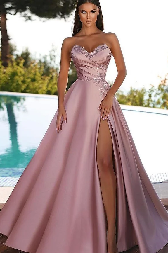 Pink Sleeveless Strapless V-Neck Embroidery A-Line Prom Dress
