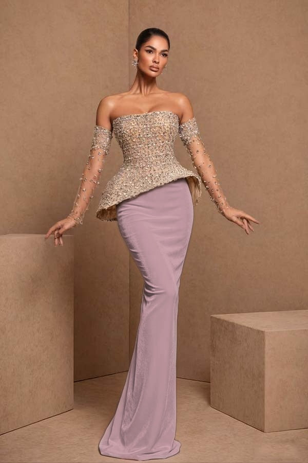 Black Sleeveless Strapless Mermaid Satin Beads Long Prom Dress With Gloves