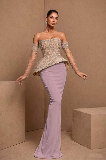 Black Sleeveless Strapless Mermaid Satin Beads Long Prom Dress With Gloves