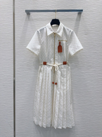 LV 25 Pleated Trendy Dress White Blue Poliester