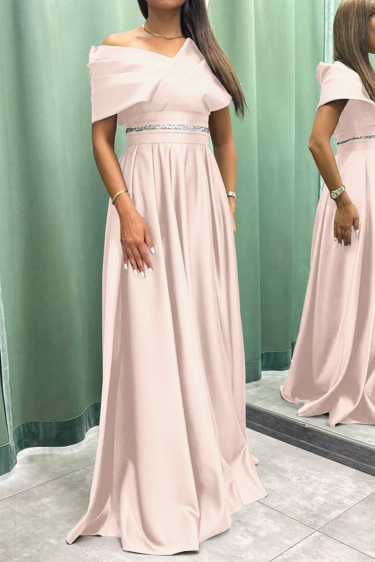 Elegant Long Evening Dress Pleat Off-The-Shoulder