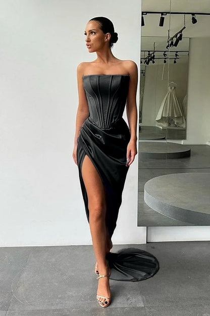 Strapless Slit Long Prom Dress Evening Party Gowns