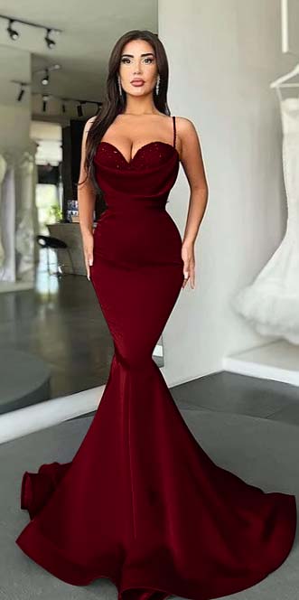 Mermaid Red Spaghetti-Straps Prom Dress Long