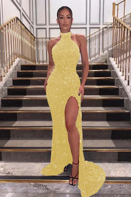 Black Halter Sequins Sleeveless Mermaid Prom Dress With Slit