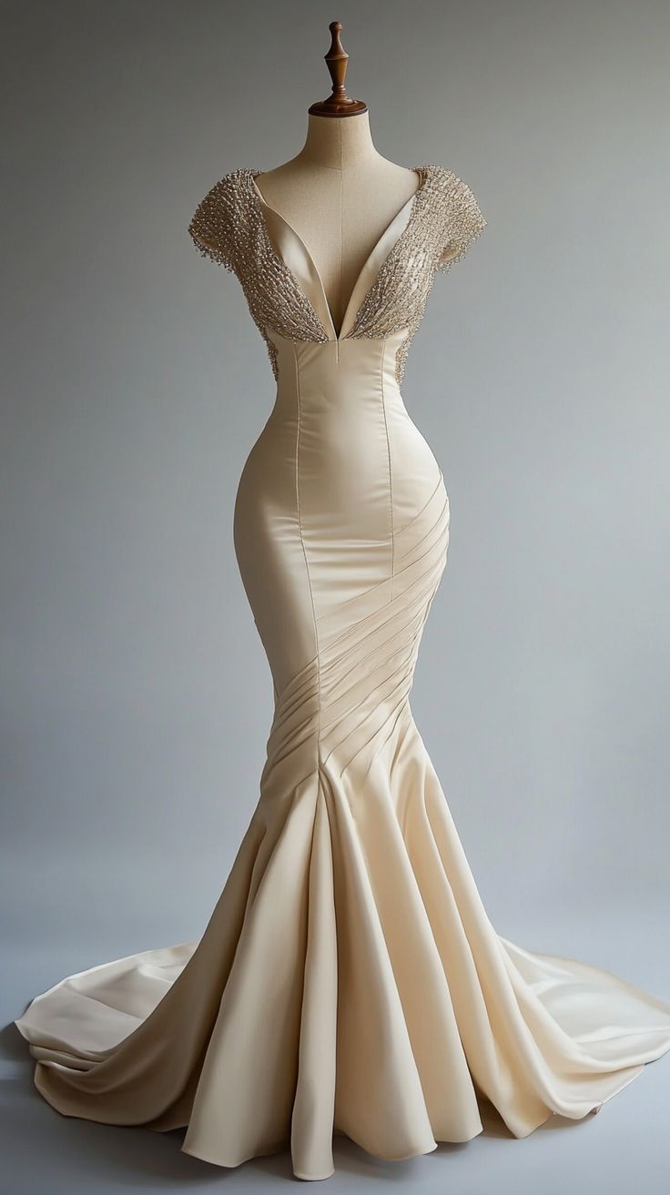 Mermaid Satin Beaded V-Neck Long Ball Dress, Elegant Evening Dress HZ1024