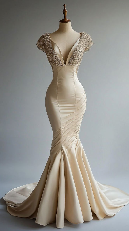Mermaid Satin Beaded V-Neck Long Ball Dress, Elegant Evening Dress HZ1024