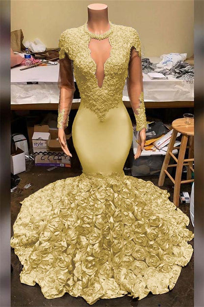 Elegant Mermaid V-Neck Prom Dress Appliques Long Sleeves With Flowers Bottom