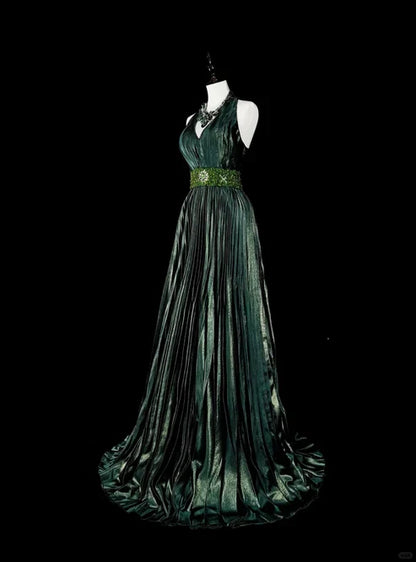 Dark Green Halter Neck A-Line Beading Vintage Long Evening Party Dress, D896