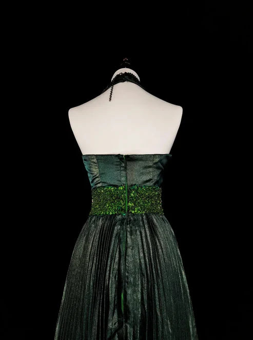 Dark Green Halter Neck A-Line Beading Vintage Long Evening Party Dress, D896