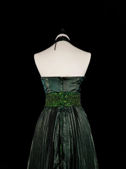 Dark Green Halter Neck A-Line Beading Vintage Long Evening Party Dress, D896