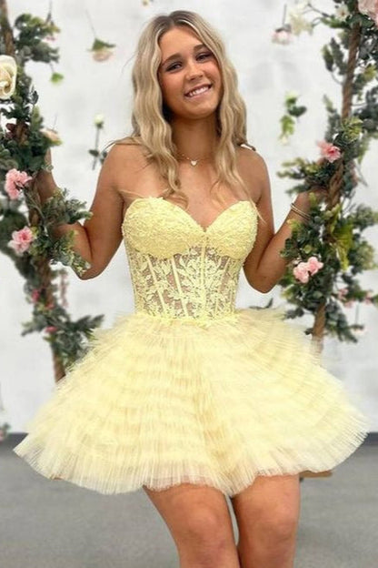 Yellow A-Line Ruffled Strapless Corset Homecoming Dress