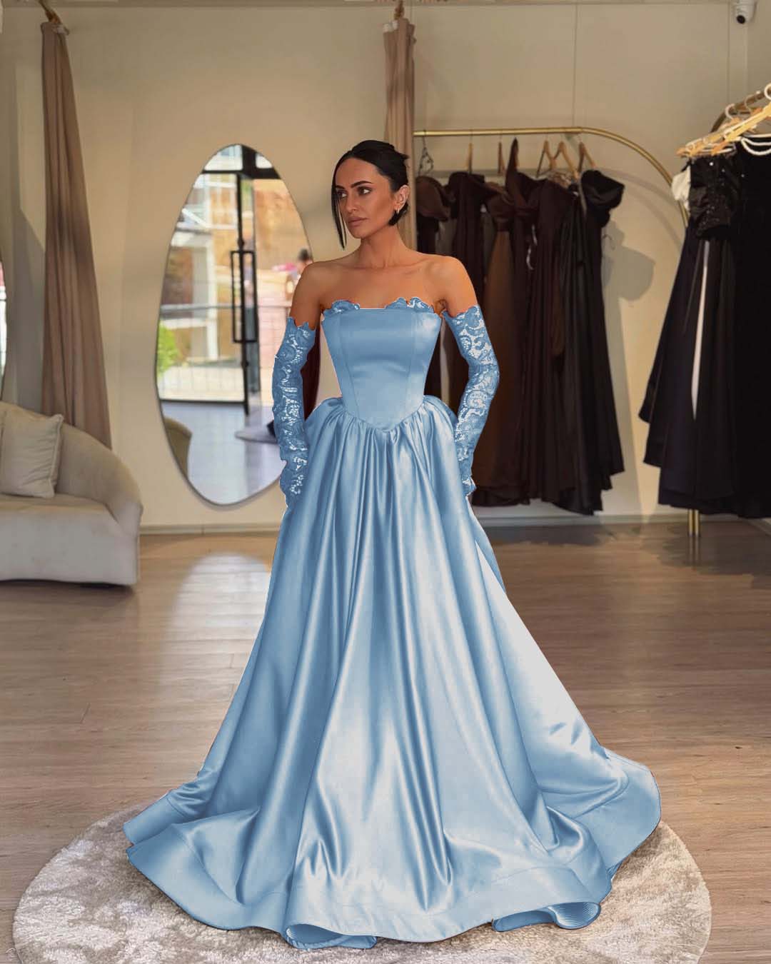 Elegant Sleeveless Strapless A Line Prom Dress With Lace Gloves