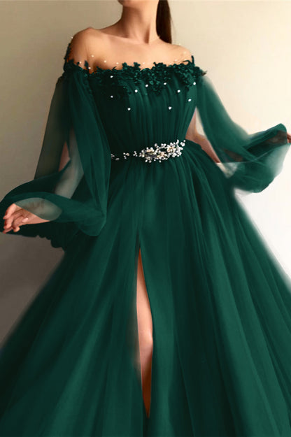 Chic Off-the-Shoulder Long Sleeves Elegant Evening Dresses With Beads