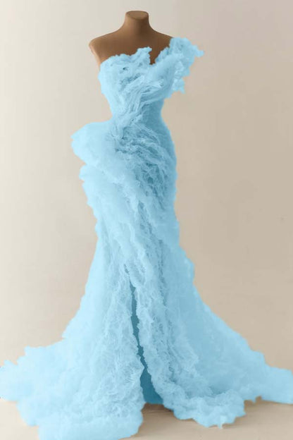 Charming White One Shoulder Sleeveless Pleated Evening Dress with Split