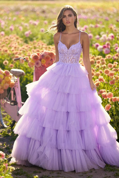 Purple Sleeveless Spaghetti Straps V-Neck A-Line Embroidery Prom Dress