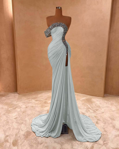 Light Purple Sleeveless Strapless Mermaid Beads Prom Dress