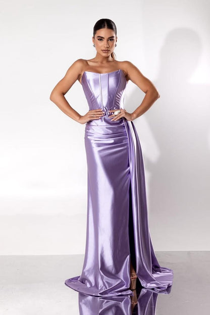 Beautiful Burgundy Satin Sleeveless Strapless Long Pleated Prom Dress with Split