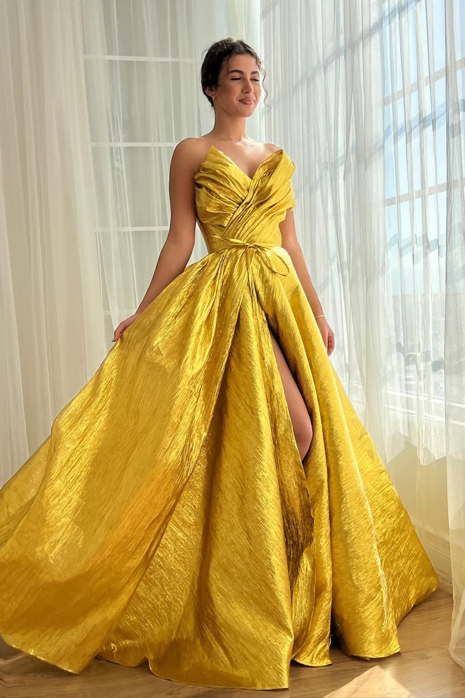 Chic Sleeveless V Neck Strapless A Line Slit Prom Dress