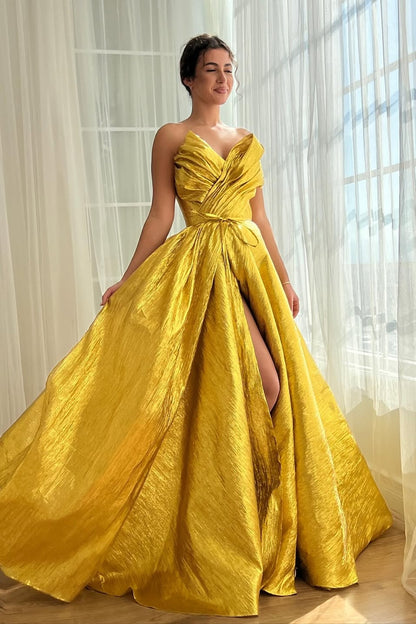 Chic Sleeveless V Neck Strapless A Line Slit Prom Dress