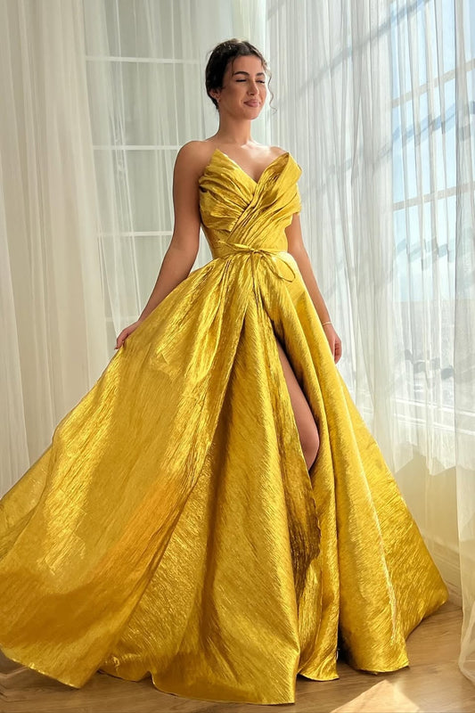 Chic Sleeveless V Neck Strapless A Line Slit Prom Dress