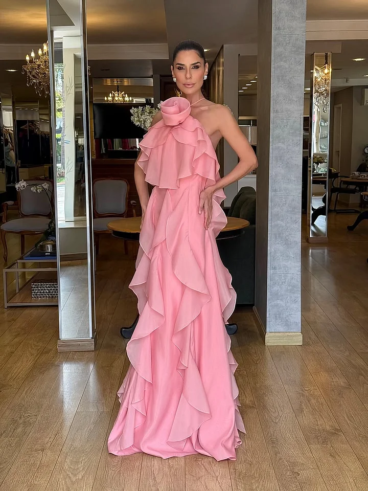 Dreamy Pink Halter Backless Sleeveless Ruffles Handmade Flower Evening Dress