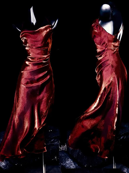 Charming Mermaid Spaghetti Strap Burgundy Satin Prom Dress Evening Dress SH2184