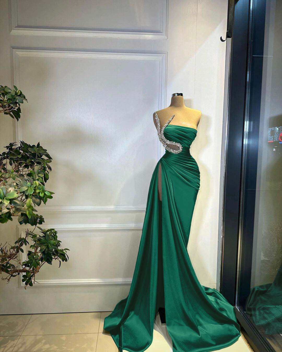 Green Strapless Pleated Long Beaded High Split Prom Dress