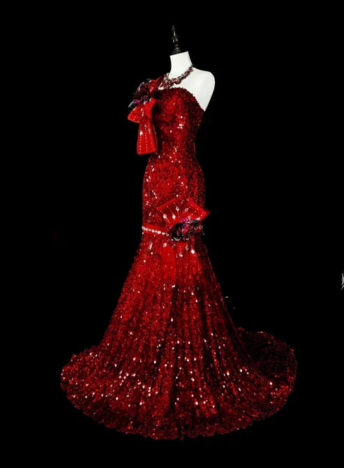 Charming Red One Shoulder Mermaid Sequins Vintage Long Evening Party Dress, D897