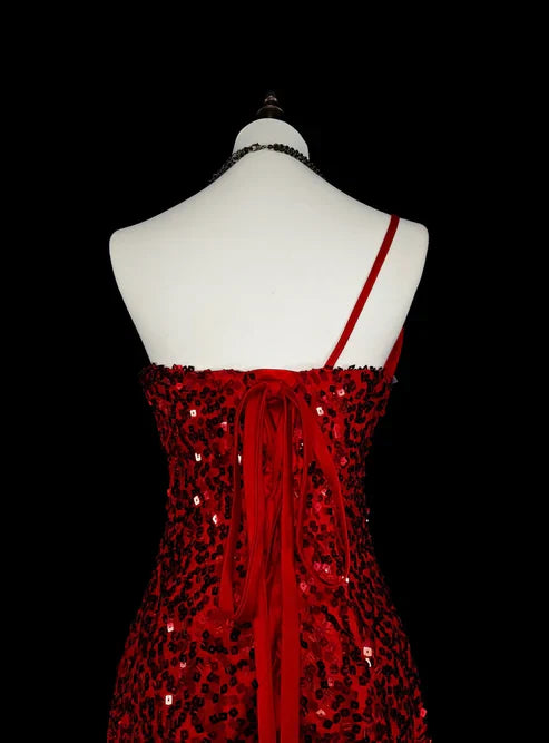 Charming Red One Shoulder Mermaid Sequins Vintage Long Evening Party Dress, D897