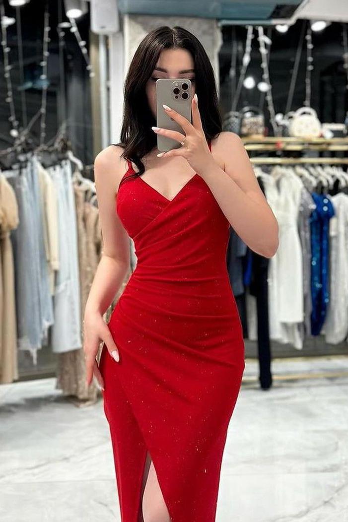 Charming Red Sequins Spaghetti Strap Sleeveless V Neck Prom Dress with Pleated