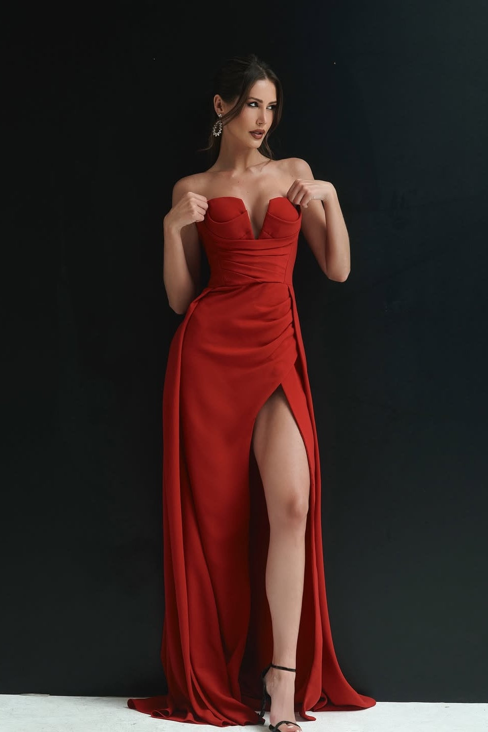 Red Elegant Sleeveless Strapless Mermaid Slit Prom Dress