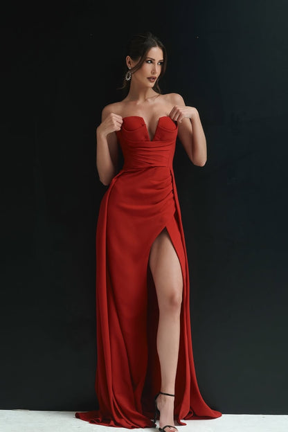 Red Elegant Sleeveless Strapless Mermaid Slit Prom Dress