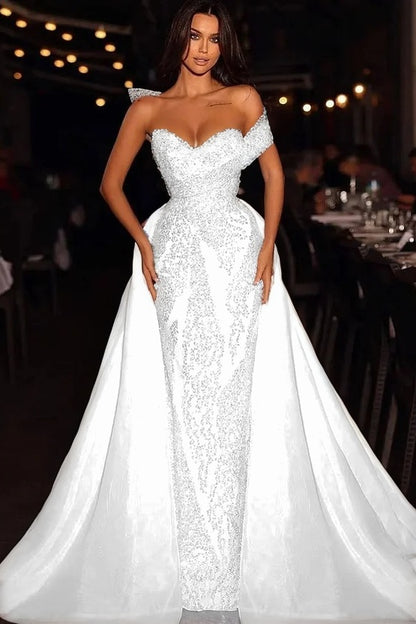 Baby Blue Embroidery Sleeveless Strapless One-Shoulder Mermaid Beads Prom Dress