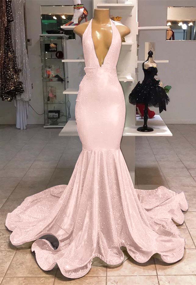 V-Neck Mermaid Evening Dress Halter With Sequins