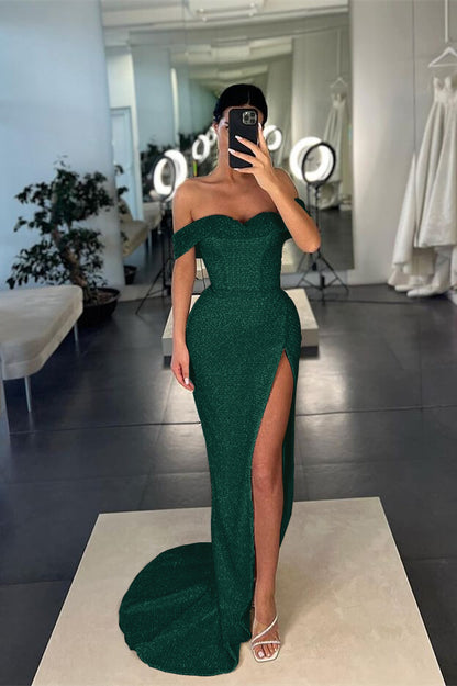 Mermaid White Off-the-Shoulder Sequins Slit Prom Dress