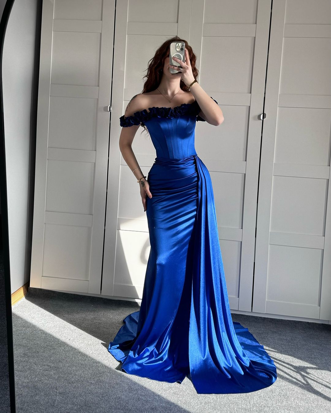 Stunning Royal Blue Satin Off the Shoulder Sleeveless Long Prom Dress with Pleated
