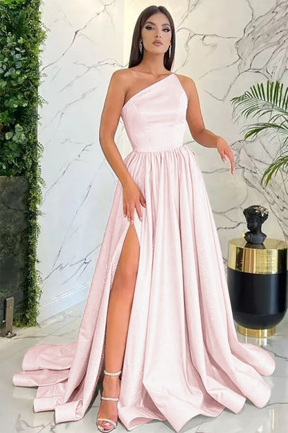 Light Pink One Shoulder Sleeveless Evening Dress with Slit