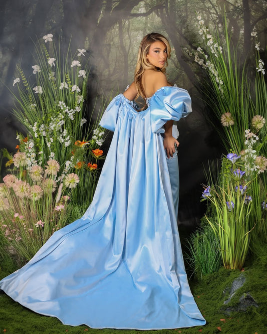 Elegant Blue Satin Pearl Beaded Sweetheart Sleeveless Prom Dress with Shawl