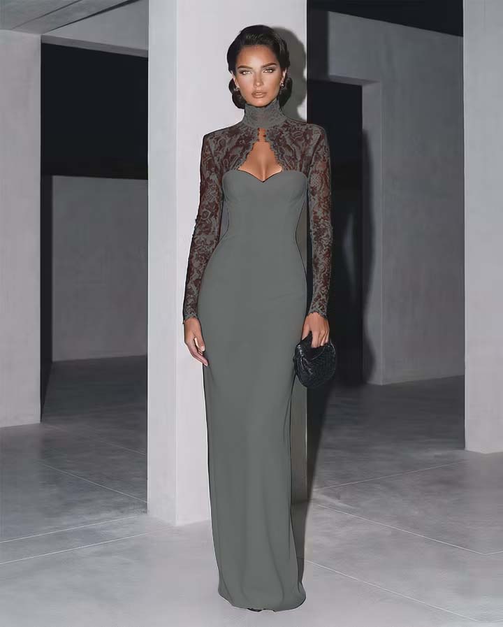 Classic Black High Neck Lace Long Sleeves Maxi Evening Dress