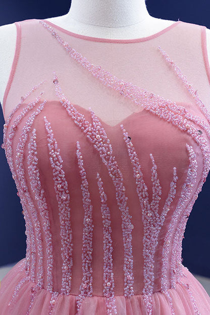 Gorgeous Pink A-line Prom Dress Tulle With Sleeveless Beadings On Sale