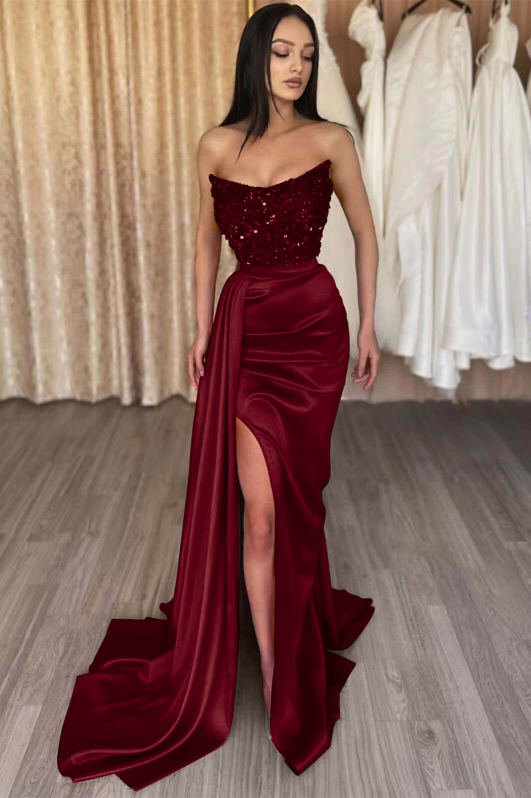 Red Strapless Elegant Long Sequins Prom Dress Mermaid Slit