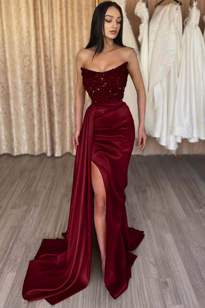 Red Strapless Elegant Long Sequins Prom Dress Mermaid Slit