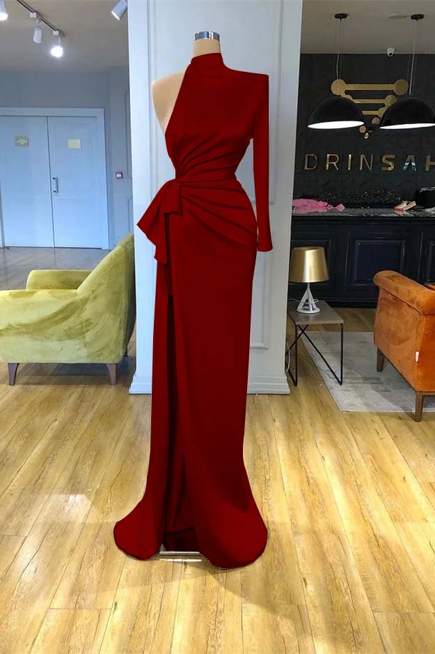 High Neck Champagne Mermaid Prom Dress Long Sleeves Split