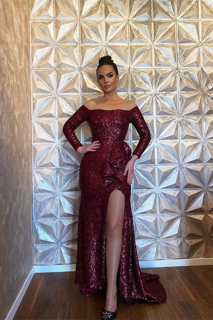 Long Sleeves Sequins Burgundy Mermaid Evening Dress With Slit