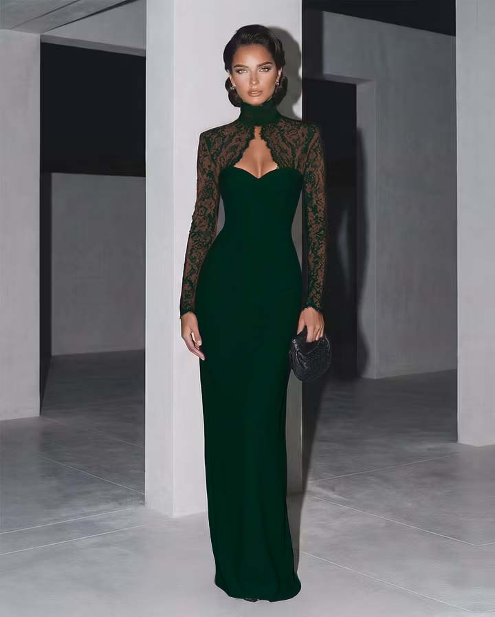 Classic Black High Neck Lace Long Sleeves Maxi Evening Dress