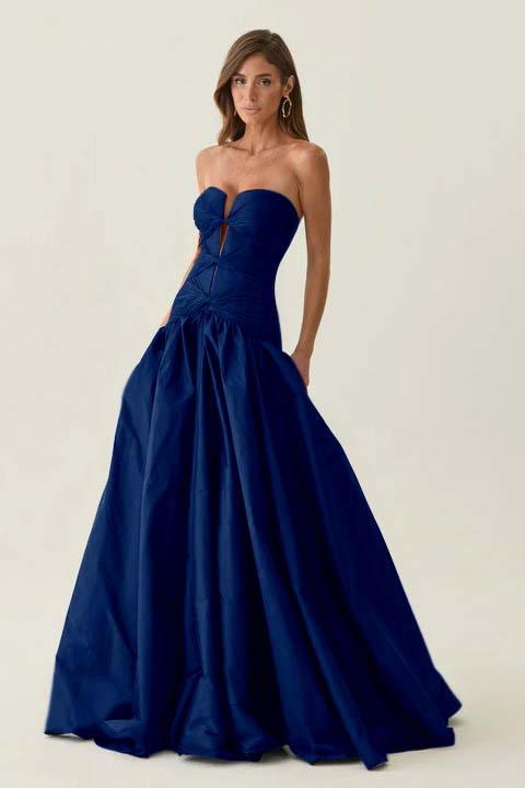 Elegant Dark Navy Sleeveless Strapless Long Evening Dress with Corset
